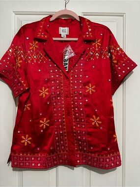 BDG Urban Outfitters Red Embroidered Short Sleeve Button-Up Shirt
